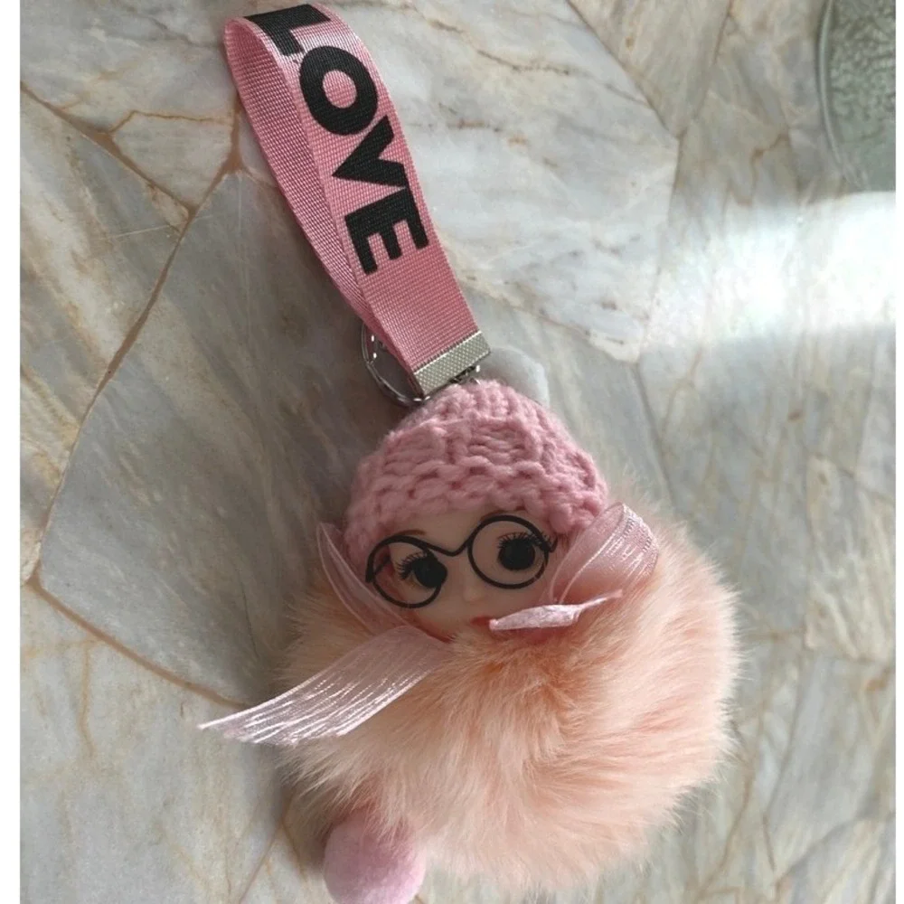 Pink Faux Fur Doll Keychain Charm with Glasses and LOVE Strap Accessory‎